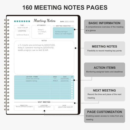 Meeting Notebook for Work Organization, Work Planner Notebook with Action Items, Project Agenda Planner for Note Taking, 160 Pages (6.9" X 9.9"), Perfect Office School Business Supplies for Women & Men(Blue)