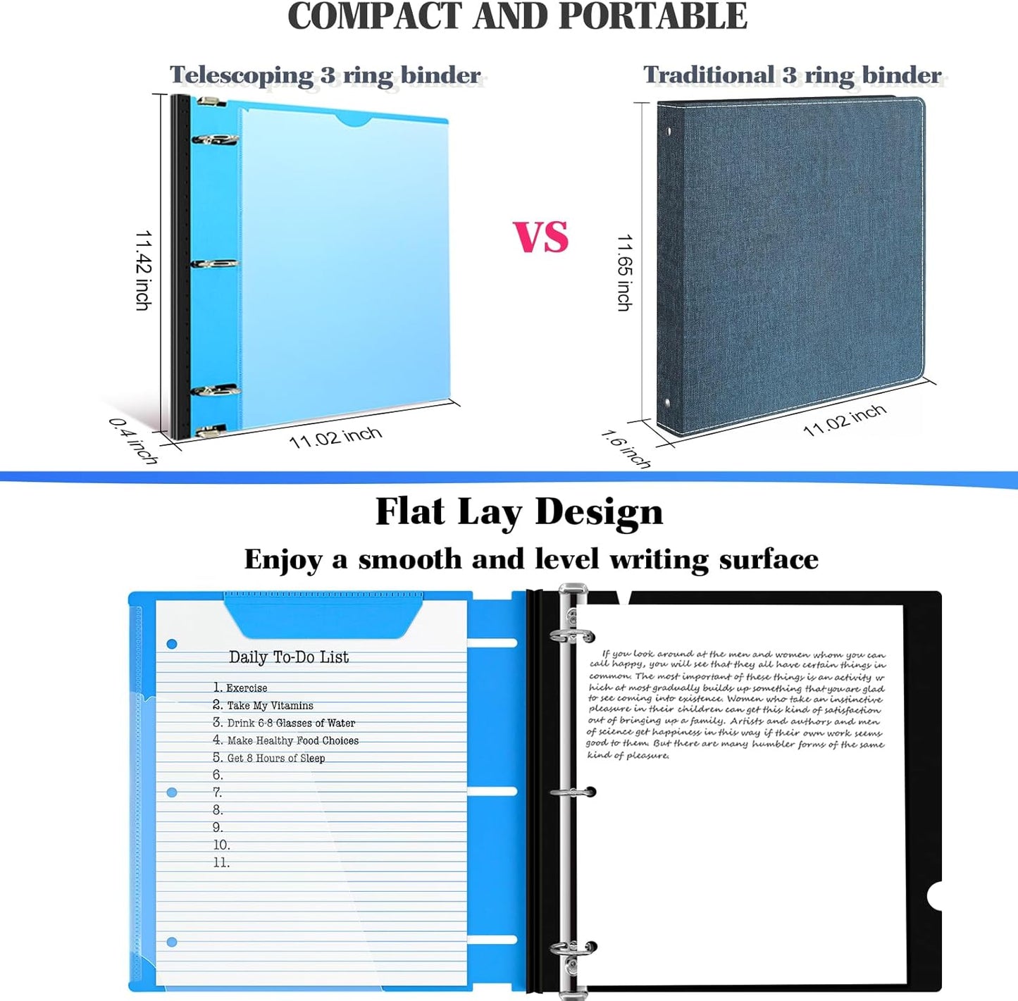 INFUN 1 Inch Telescoping 3 Ring Binder - 6PCS, Flexible Round Binder with Customizable Front Cover and Clear Catalog Pocket, 1Inch Rings, 225 Sheet Capacity-White
