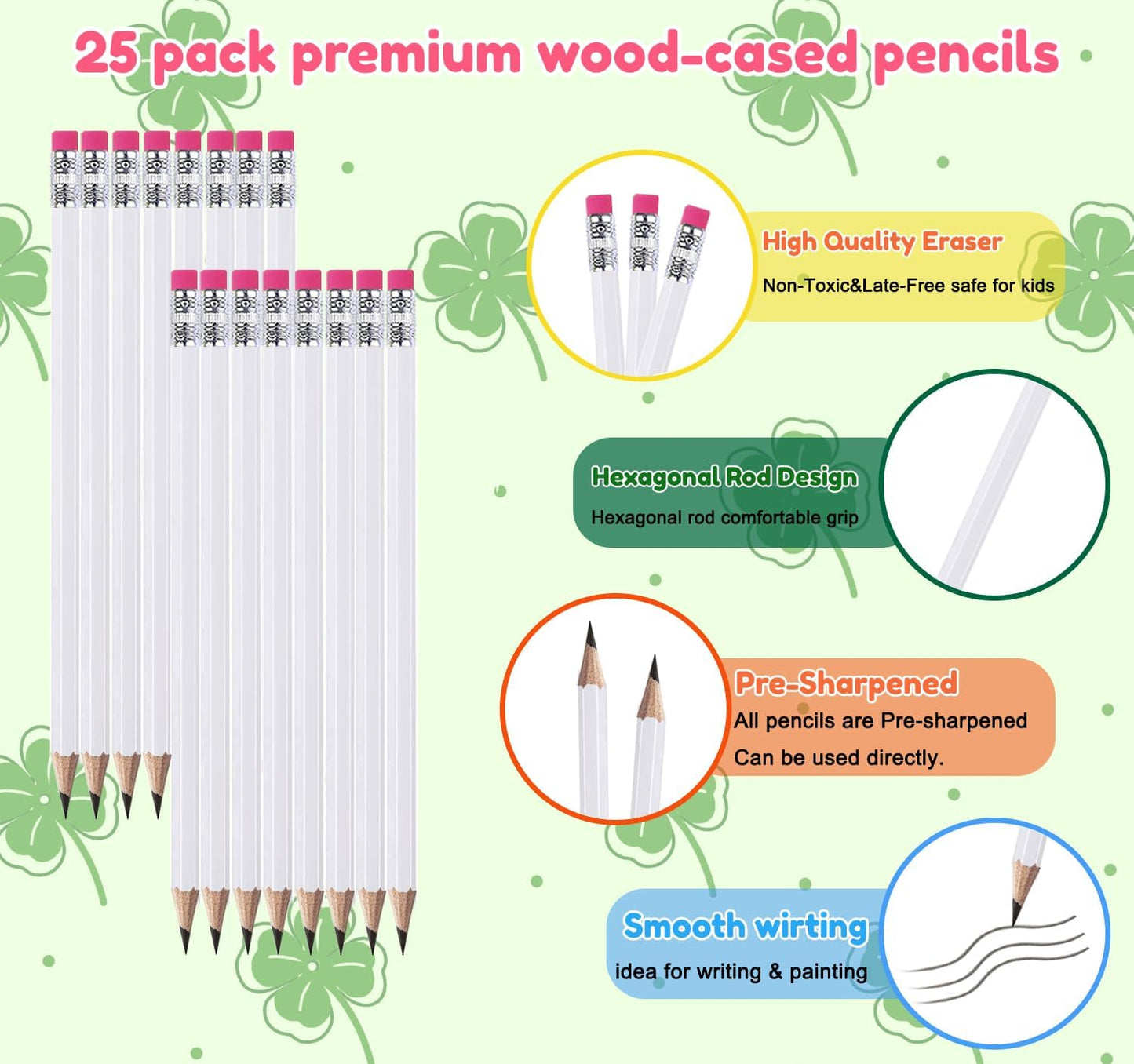 Adhere 25pcs Woodcase Pencils with Eraser Premium Pre-Sharpened Hexagon Graphite 2B pencils ideal for home, office writing including a Free Sharpener(Pink・25pcs)
