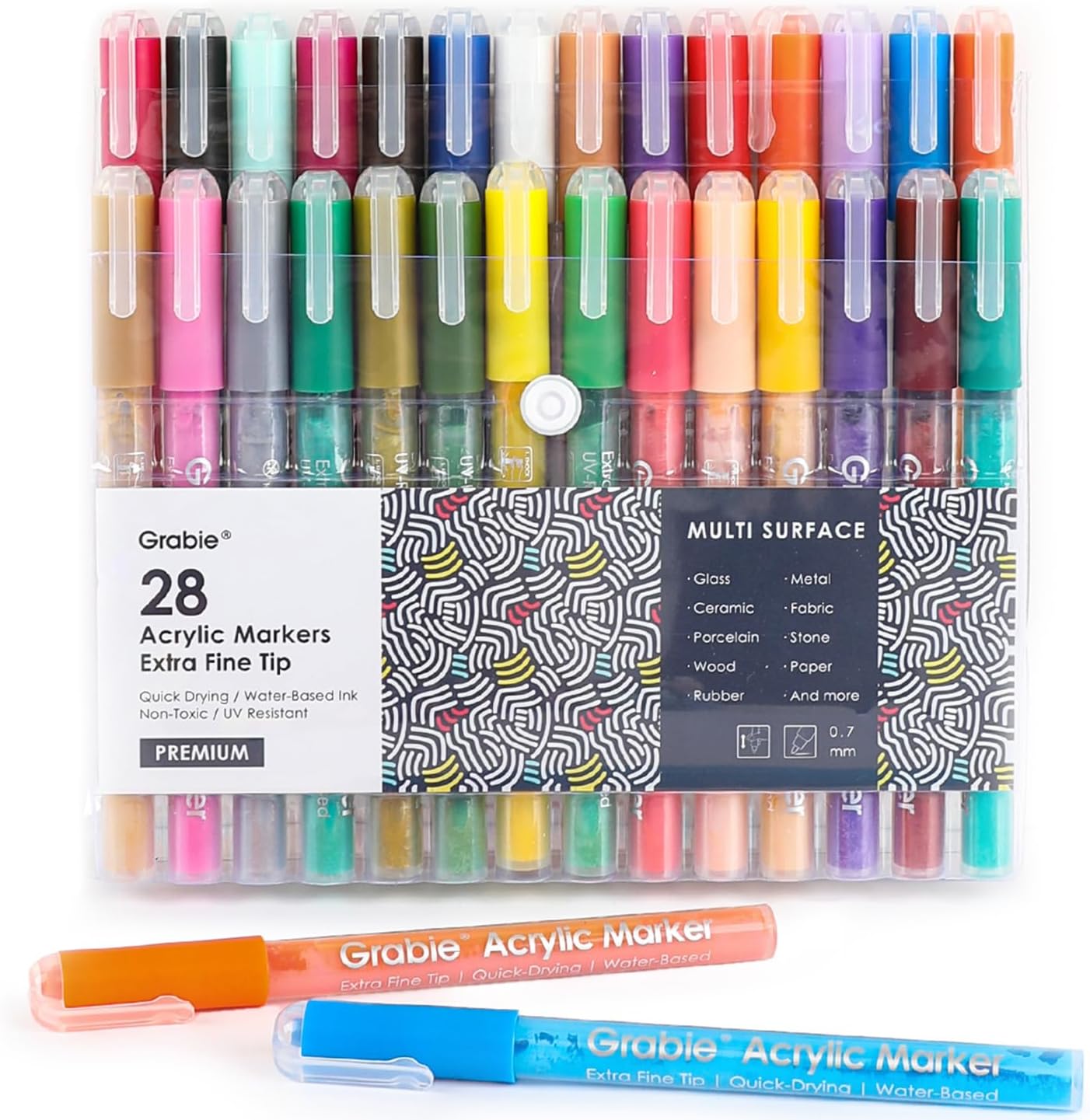 Grabie Black & White Extra Fine Tip Acrylic Paint Marker Set, 6 Pack, 0.7mm Acrylic Paint Pens for Highlights and Fine Details on Drawings, Rock Painting Glass Canvas Wood, White Highlight Markers