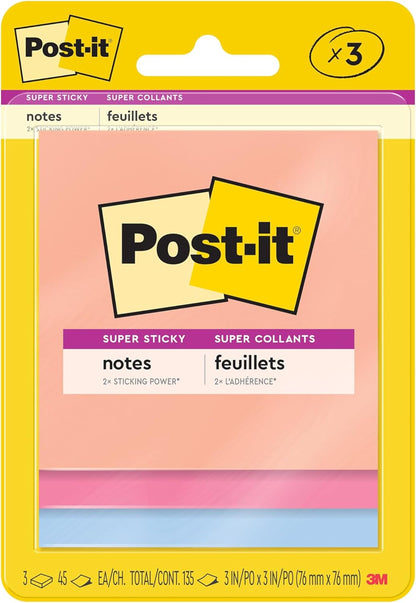 Post-it Super Sticky Notes, 3 Sticky Note Pads, 3 x 3 in., School Supplies for Students, Ideal for Textbooks, Notebooks, Walls and Vertical Surfaces, Energy Boost Collection