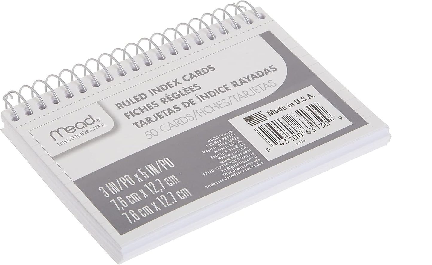 Mead Index Cards, 3" x 5", Ruled Front, Blank Back, 50 Cards, White (63130)