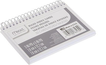Mead Index Cards, 3" x 5", Ruled Front, Blank Back, 50 Cards, White (63130)