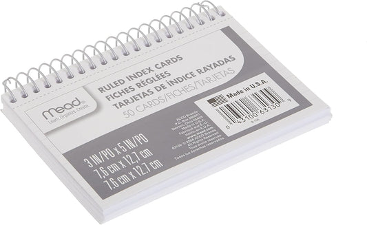 Mead Index Cards, 3" x 5", Ruled Front, Blank Back, 50 Cards, White (63130)