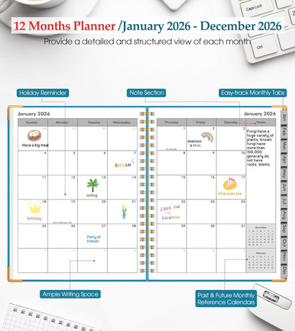 2026 Planner, Weekly and Monthly Calendar Planner from January 2026 - December 2026, 8.5" x 11" Hardcover Leather Hourly Appointment Book with Tabs, Spiral Daily Planners for School Work Home, Green