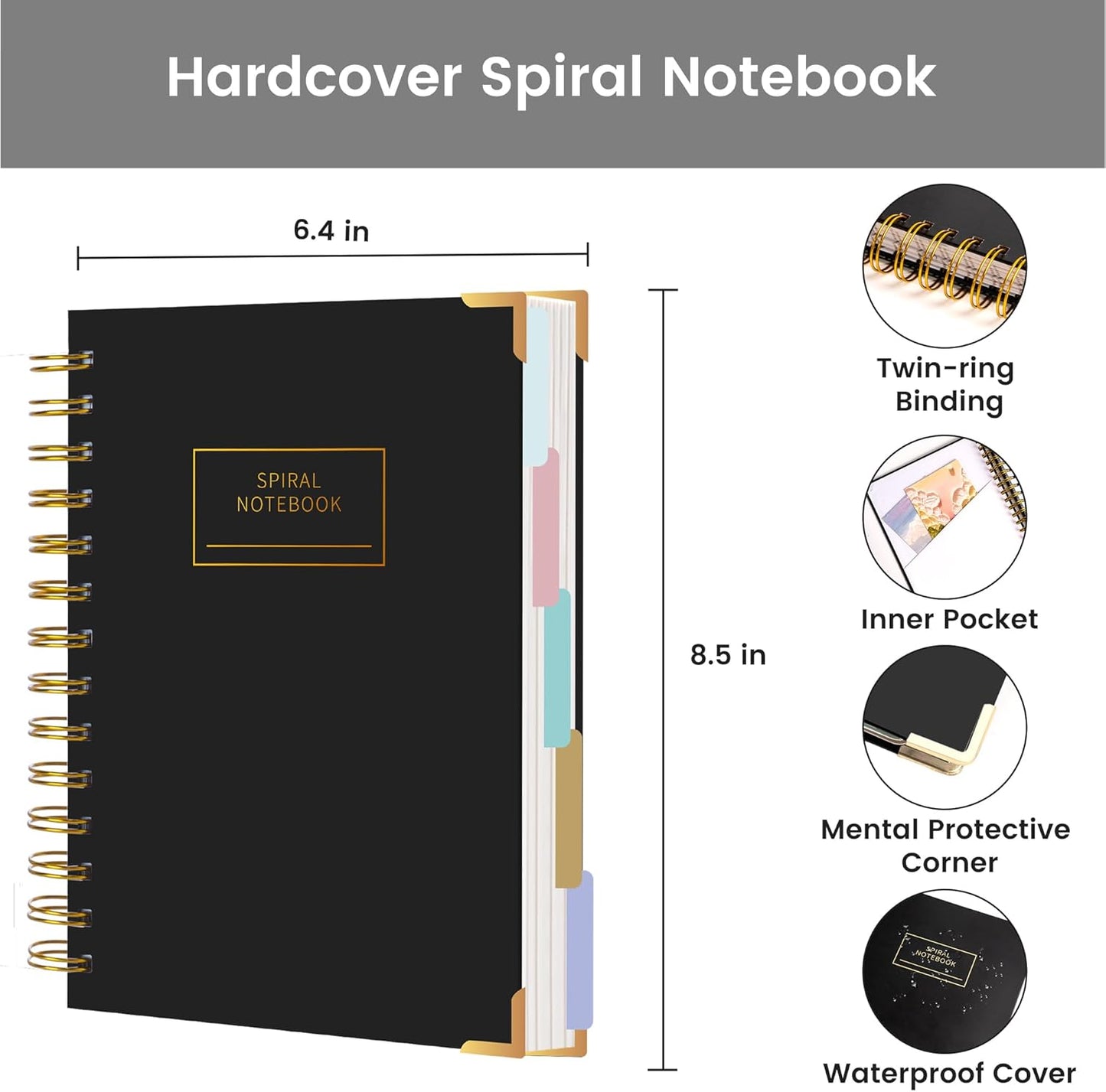 Hardcover Spiral Notebook with Tabs 8"x10" Large Spiral Lined Journals for Women with Dividers 240 Pages College Ruled Composition Notebook 5 Subject Notebook for Work, Back to School, Gifts, Purple