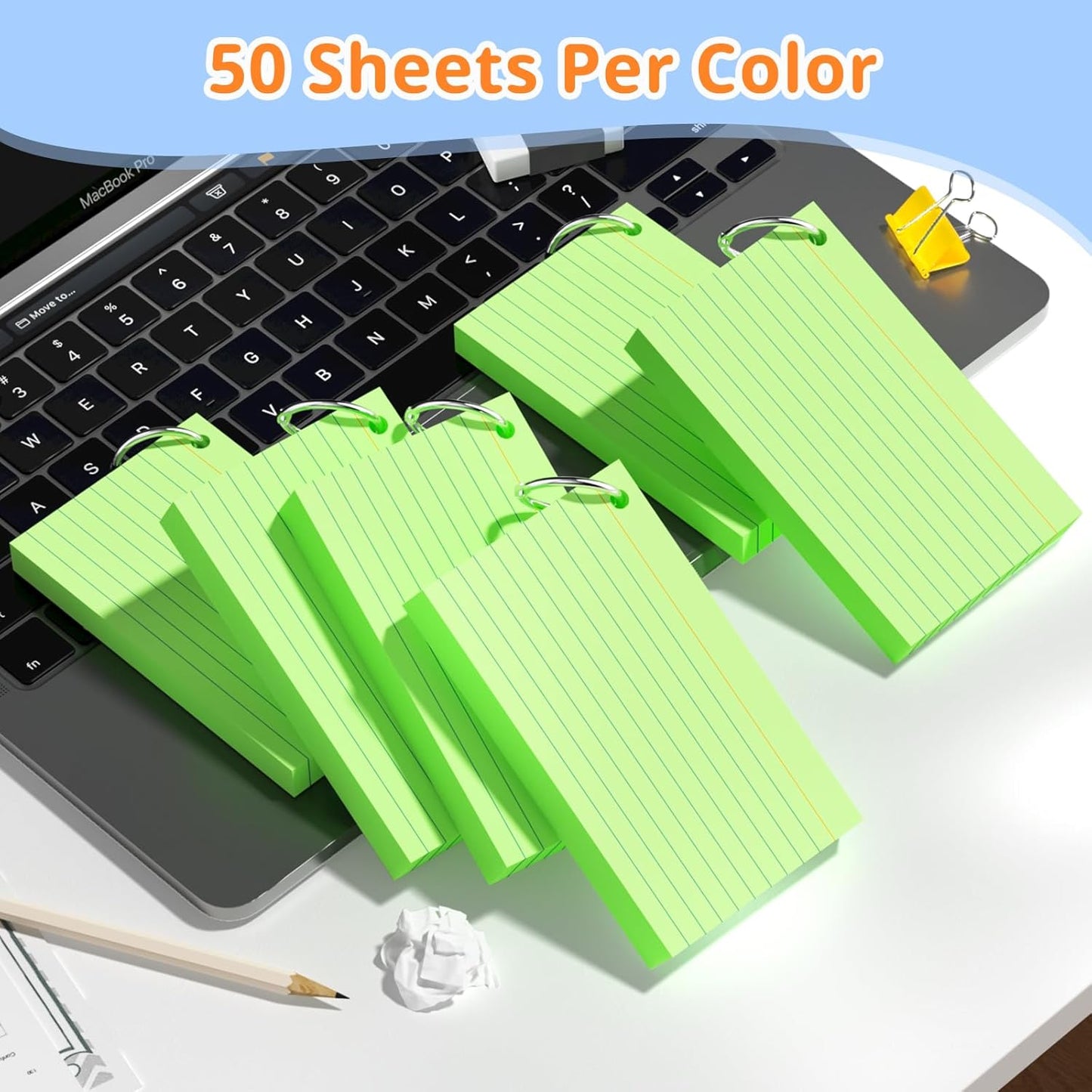 Index Cards 3x5 Inches, 300 PCS, Colored Flash Cards With Ring, Punched Lined Study Card Ruled Flashcards Notecards, Ruled Front And Blank Back, Note Card for School, College And Home
