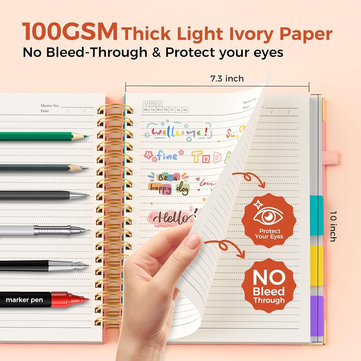 Line Hardcover Spiral Notebook with Removable Dividers Tabs & Ruler, 5 Subject Notebook College Ruled, 300 Page, Large 8"x10" B5 Notebooks for Work School, Lined Journal for Women & Men, Purple