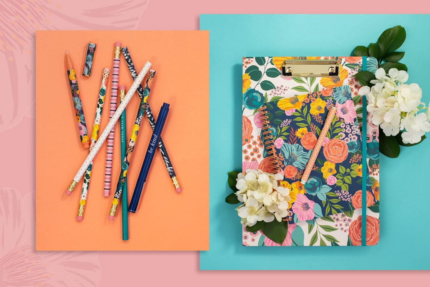 Steel Mill & Co Cute Clipboard Folio with Refillable Lined Notepad and Interior Storage Pocket, Floral Padfolio for Work, Garden Blooms Cream
