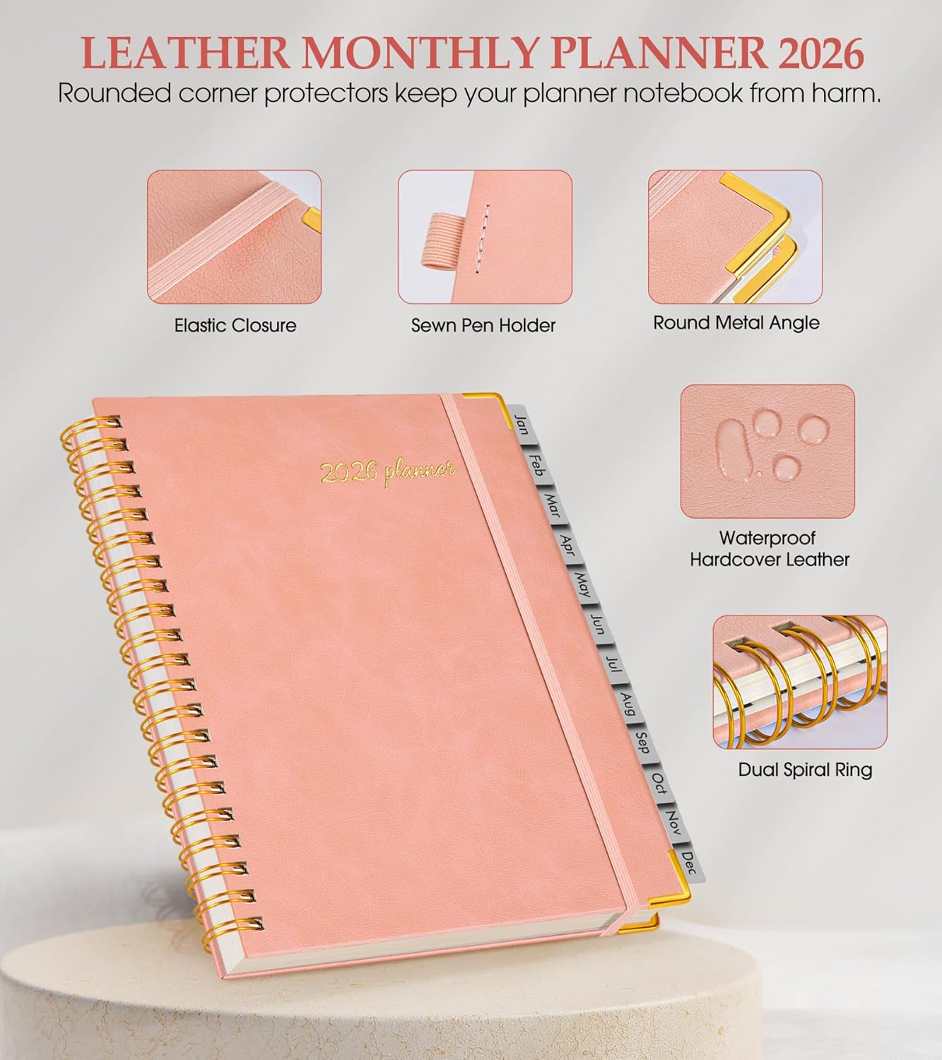 2026 Planner, Weekly and Monthly Calendar Planner from January 2026 - December 2026, 8.5" x 11" Hardcover Leather Hourly Appointment Book with Tabs, Spiral Daily Planners for School Work Home, Green