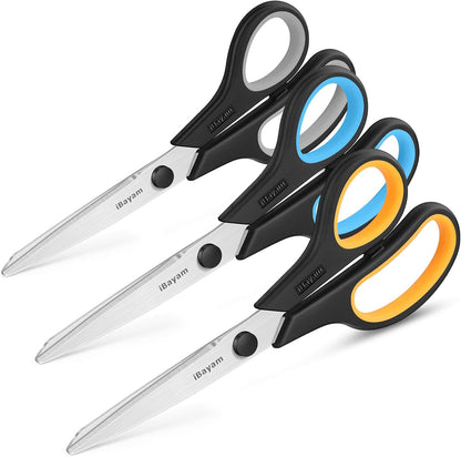 Scissors, iBayam 8" All Purpose Scissors Bulk 3-Pack, Ultra Sharp 2.5mm Thick Blade Shears Comfort-Grip for Aesthetic Fun Cute School Office Teacher Desk Crafts and Art Supplies Accessories Essential