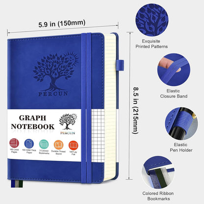 PERCUN Graph Paper Notebook, 160 Pages Grid Journal for women & men, A5 Hardcover Leather Graphing Notebook for School, Work, Travel, Note Taking 5.9”x8.5” (Black)