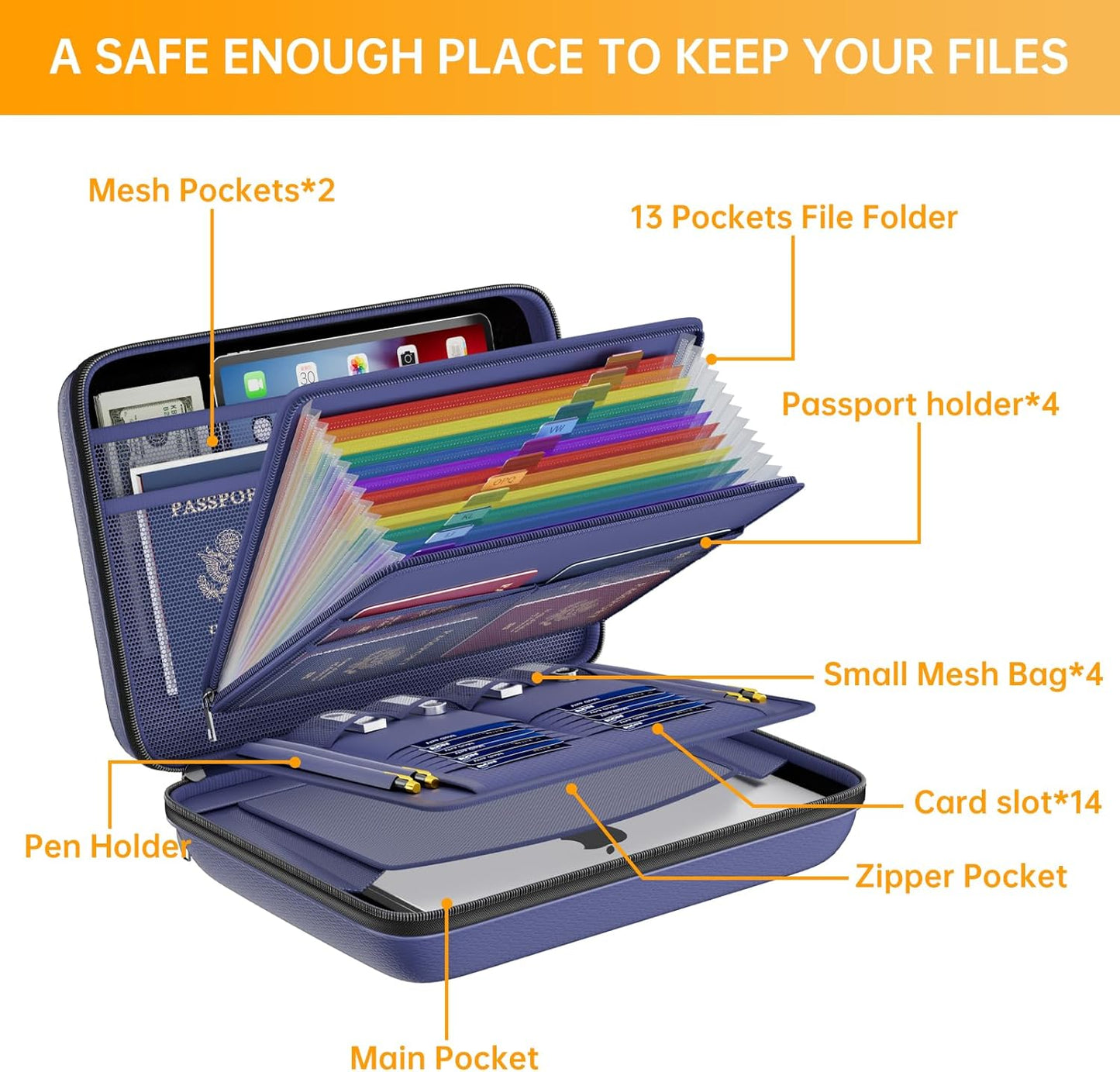 DocSafe Fireproof File Organizer with Lock, Hard-Shell Case Fireproof Document Box with 13 Pocket Accordion File Folder, Portable Home Office Travel Safe Storage for Important Documents Laptop Black