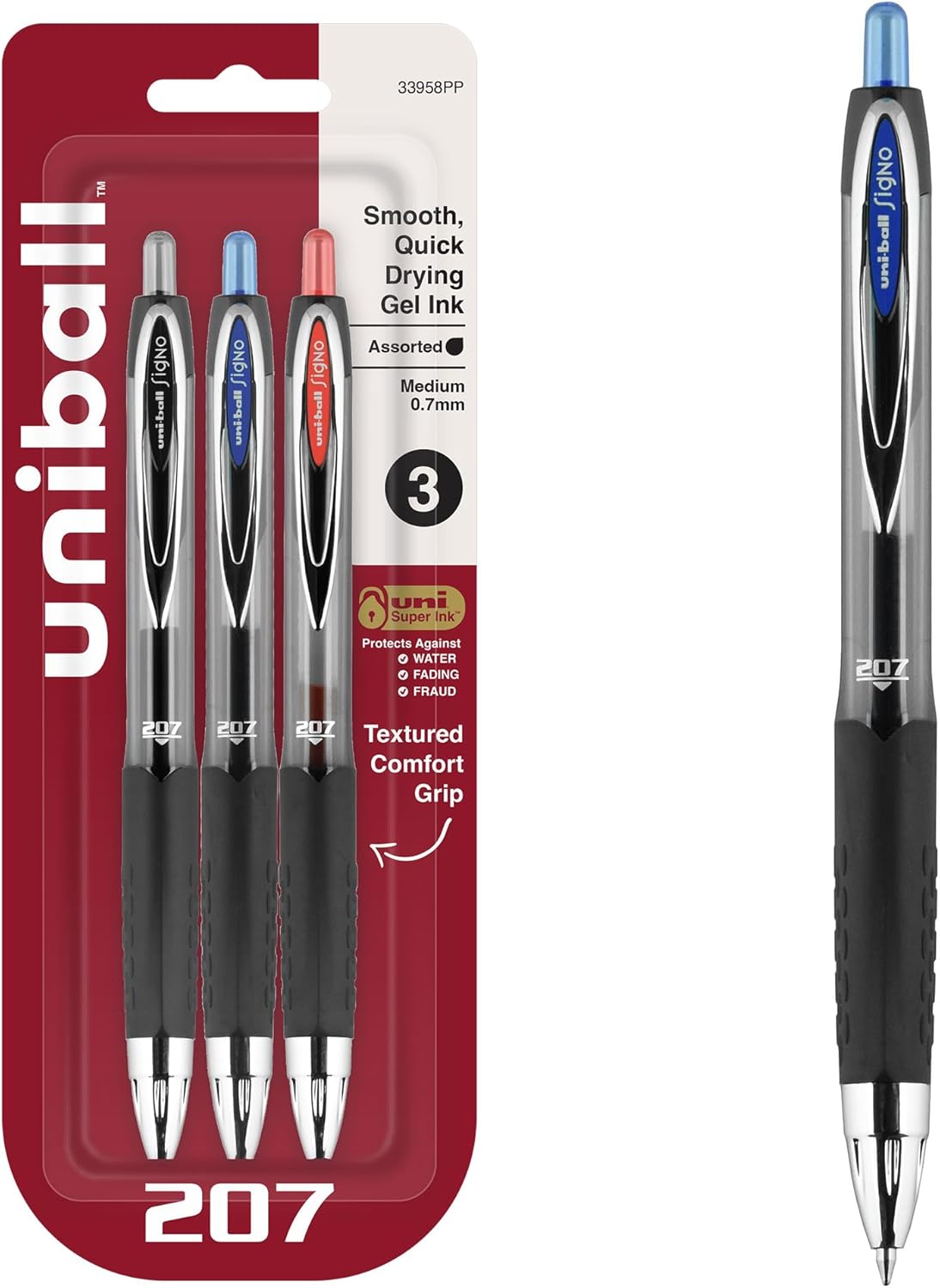 uniball 207 Plus+ Retractable Gel Pens, Medium Point (0.7mm), Black, 4 Pack