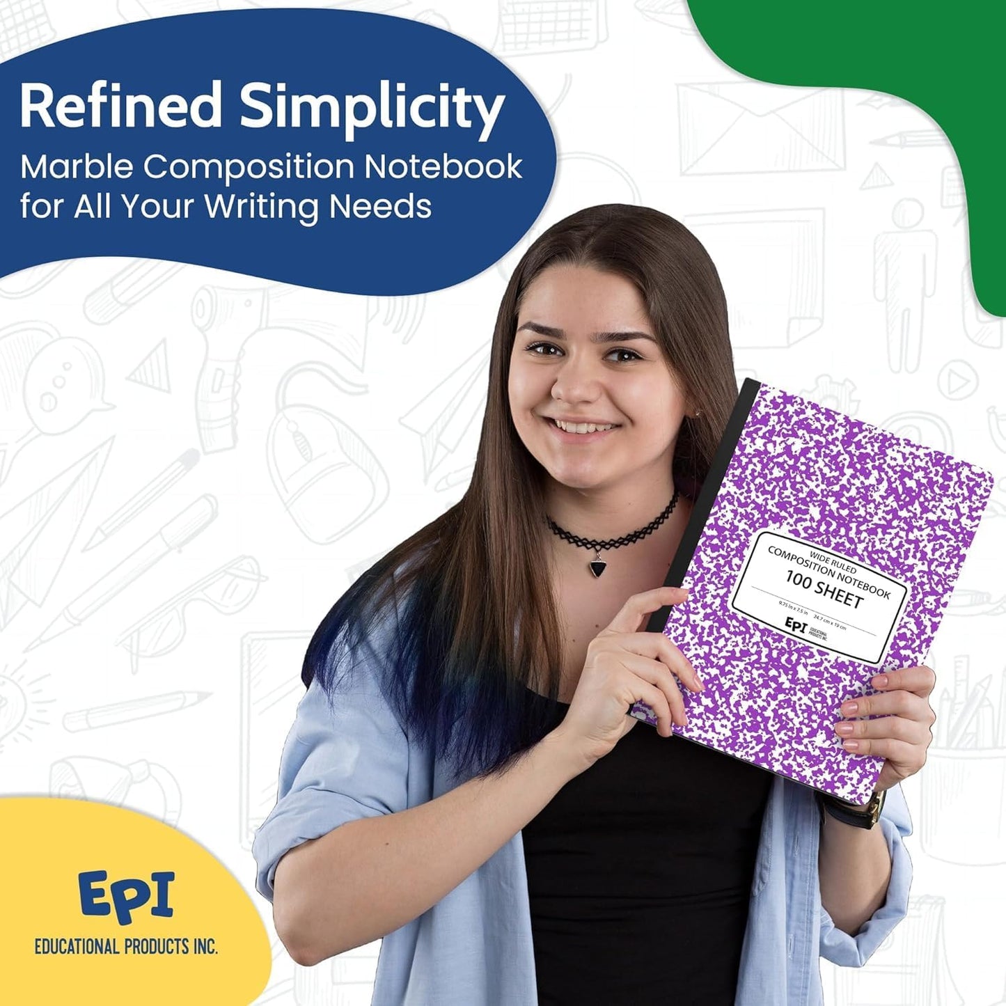 48 Pack - EPI Marble Hardcover Wide Ruled Composition Notebook | 200 Pages (100 Sheets), 9.75 x 7.5 in, Sturdy Sewn Binding | School, Office, Journaling, Notes