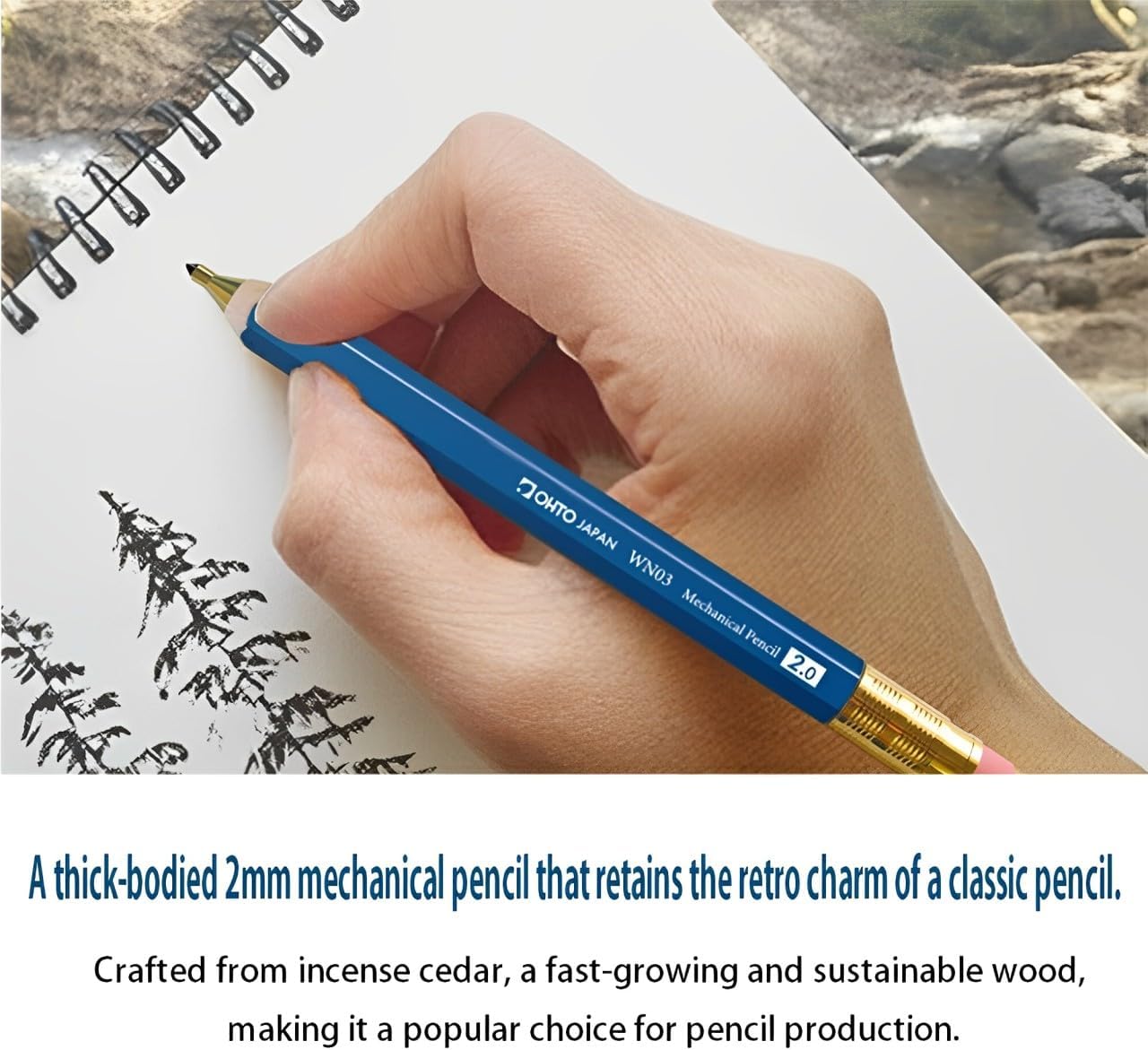 WN03 Wooden Mechanical Pencil Set, 2.0mm Extra Bold, Thick Barrel, Incense Cedar Natural Pencil with Lead Refills (HB, B), Eraser Refills, and Brass Sharpener for Writing, Sketching, Drawing