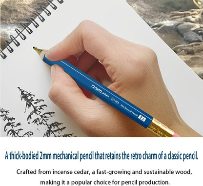WN03 Wooden Mechanical Pencil Set, 2.0mm Extra Bold, Thick Barrel, Incense Cedar Natural Pencil with Lead Refills (HB, B), Eraser Refills, and Brass Sharpener for Writing, Sketching, Drawing