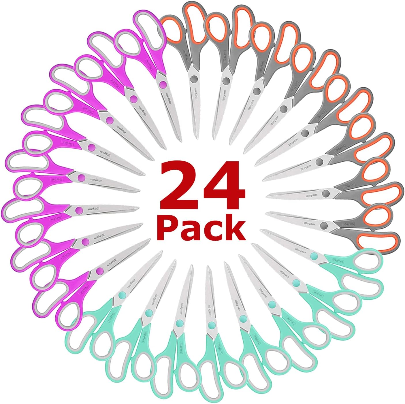 Scissors, iBayam 8" All Purpose Scissors Bulk 3-Pack, Ultra Sharp 2.5mm Thick Blade Shears Comfort-Grip for Aesthetic Fun Cute School Office Teacher Desk Crafts and Art Supplies Accessories Essential