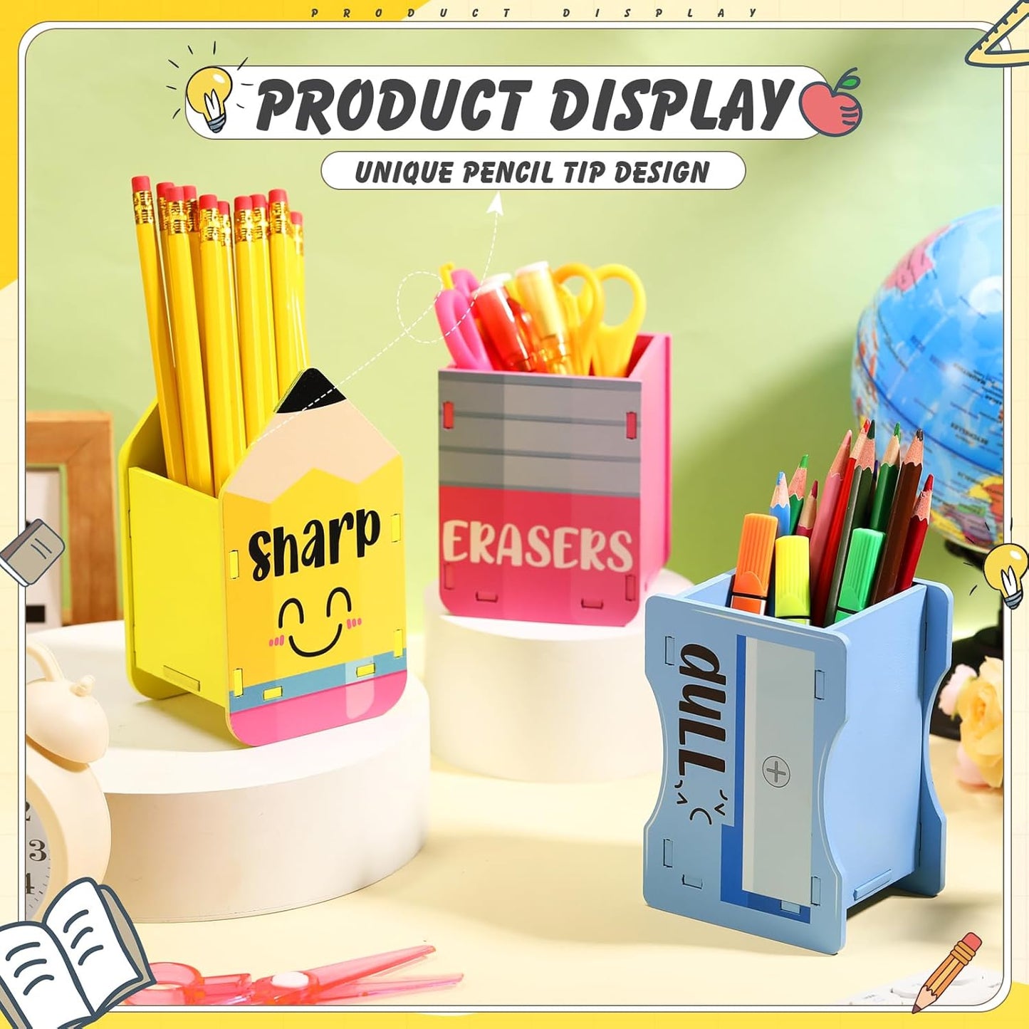 AmazingSpark 3 Pcs Pencil Shaped Holder Sharp and Eraser and Dull Holder Wooden Dispenser Pencil Storage Organizer for Back to School Management Organization (Classic)