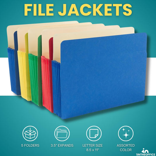 1InTheOffice File Jackets Letter Size, Expanding File Pockets, 3.5" Expansion, Reinforced, Assorted Colors, 5 Pack