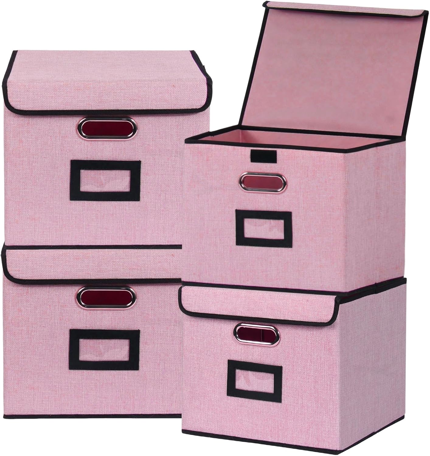 File Storage Box with Lid, 15.55x12.87x10.43 Inches, Foldable Organizer with Handles & Label Slot, for File Storage, Home, Office, and Closet Organization(Pink)