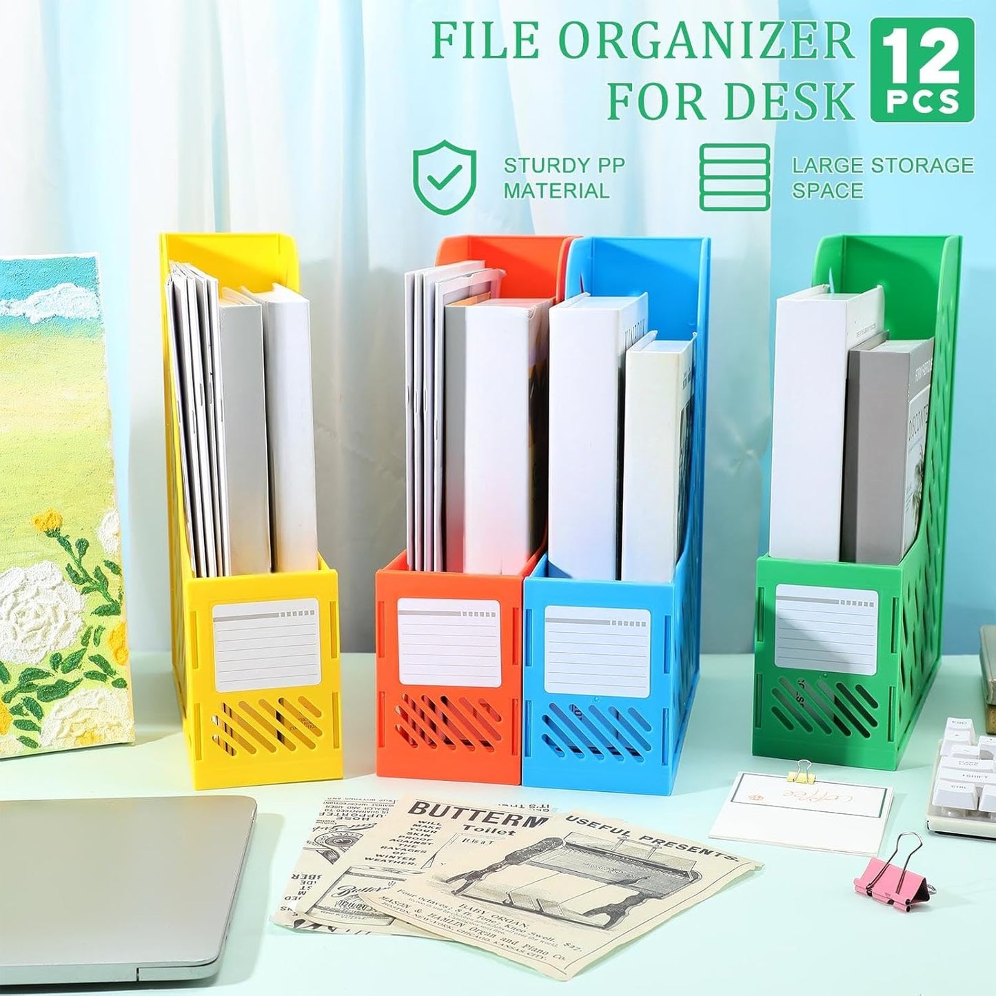 Glenmal 12 Pack Magazine Organizers Binder Organizer for Desk Plastic Vertical File Holder Magazine Racks Desk Accessories for Office, Home, or School (Black)