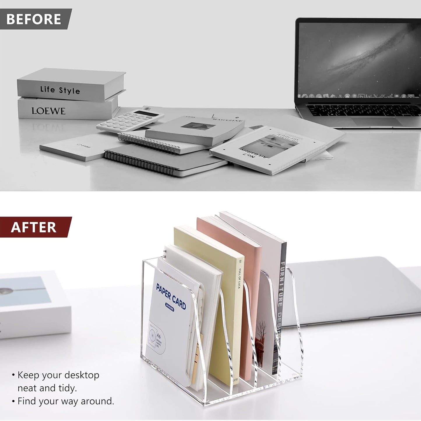 SANRUI Desk Organizer Clear Acrylic Desk Magazine File Holder with 3 Vertical Sections Magazine Rack File Organizer for Office, Home, School