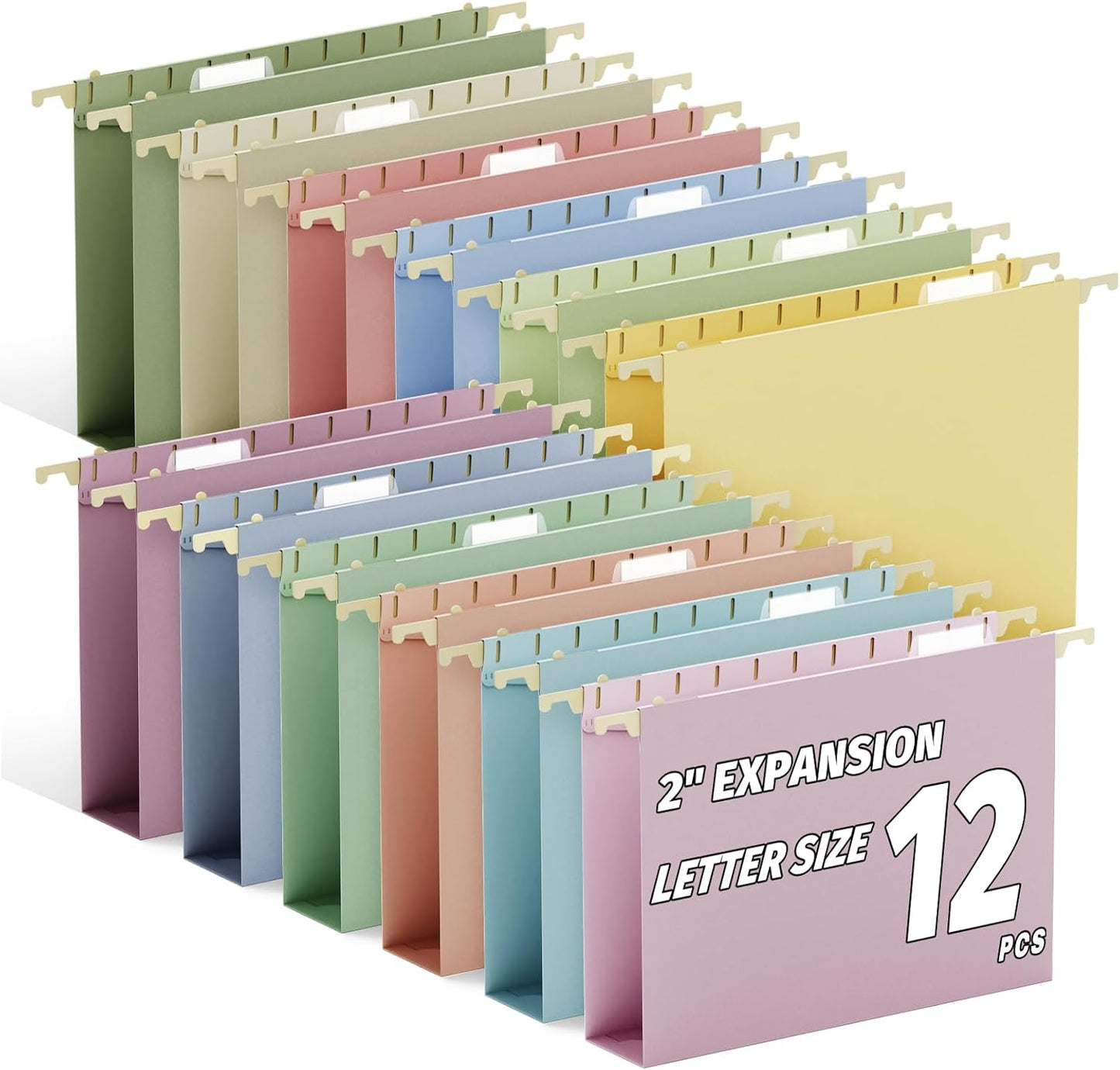Ansook 12 Pack Hanging File Folders, Plastic Letter Size File Folders Hanging with Tabs, Heavy Duty 1 Inch Expansion, Pastel Hanging Organizers for Filing Cabinet, Home Office School Document Storage