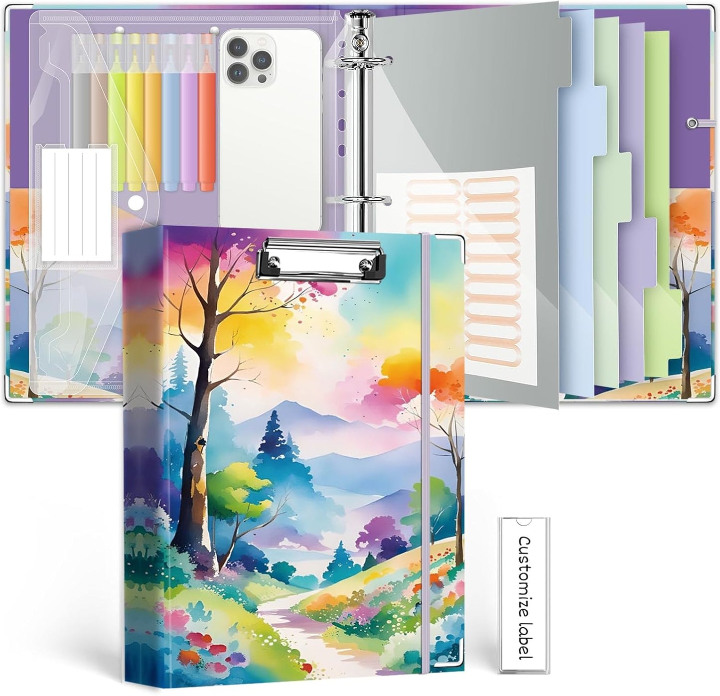 3 Ring Binder 1 Inch, Three Ring Binders Organizer with Clipboard, 5-Tabs Pockets Dividers, Plastic Folder, 18 Divider Stikers, BVSSX Pretty Binder with Pen Loop (Black Weeds, Letter Size)
