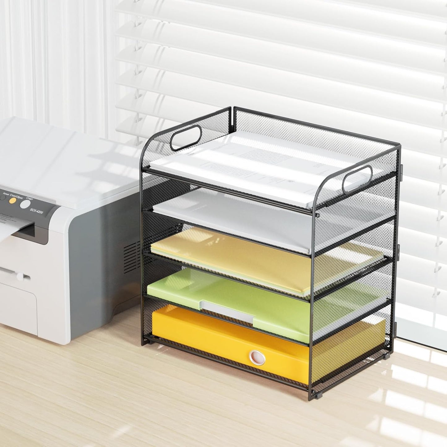 VIEERINN 5 Tier Paper Letter Tray Organizer with Handles, Mesh Desk File Organizer Metal Paper Sorter Holder, Desktop Document Shelf Tray Storage Organization for Office School Home