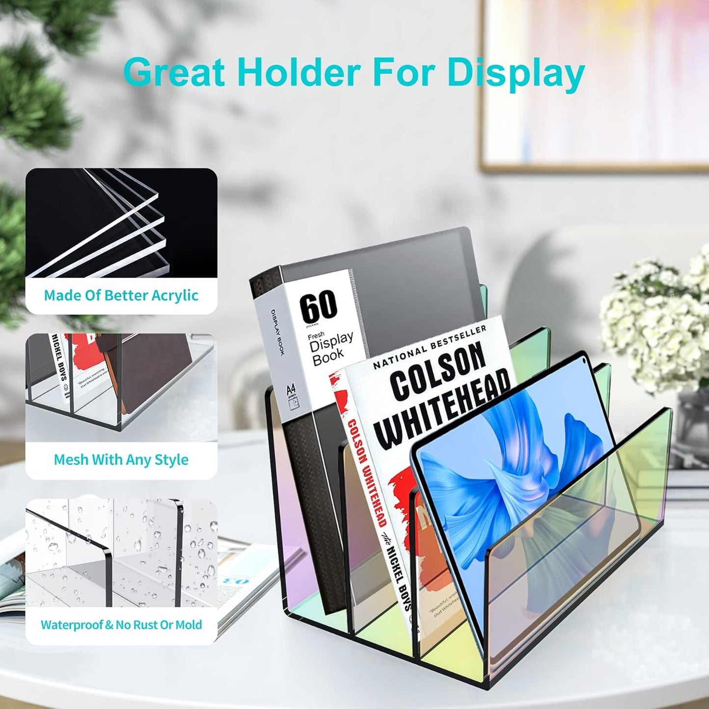 Boloyo Acrylic File Holder,1PC 2 Sections Rainbow File Organizer Mail Letter Sorter Desktop Folder Holder for Home Office School Envelope Bill Filling Paper Document