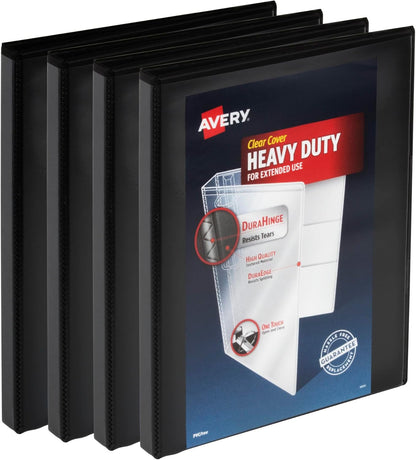 Avery Heavy-Duty View 3 Ring Binders, 1 Inch One Touch Slant Rings, DuraHinge, 1.4 Inch Wide Spine, Customizable Clear Cover and Spine, Black Binders (4-Pack of 79868)