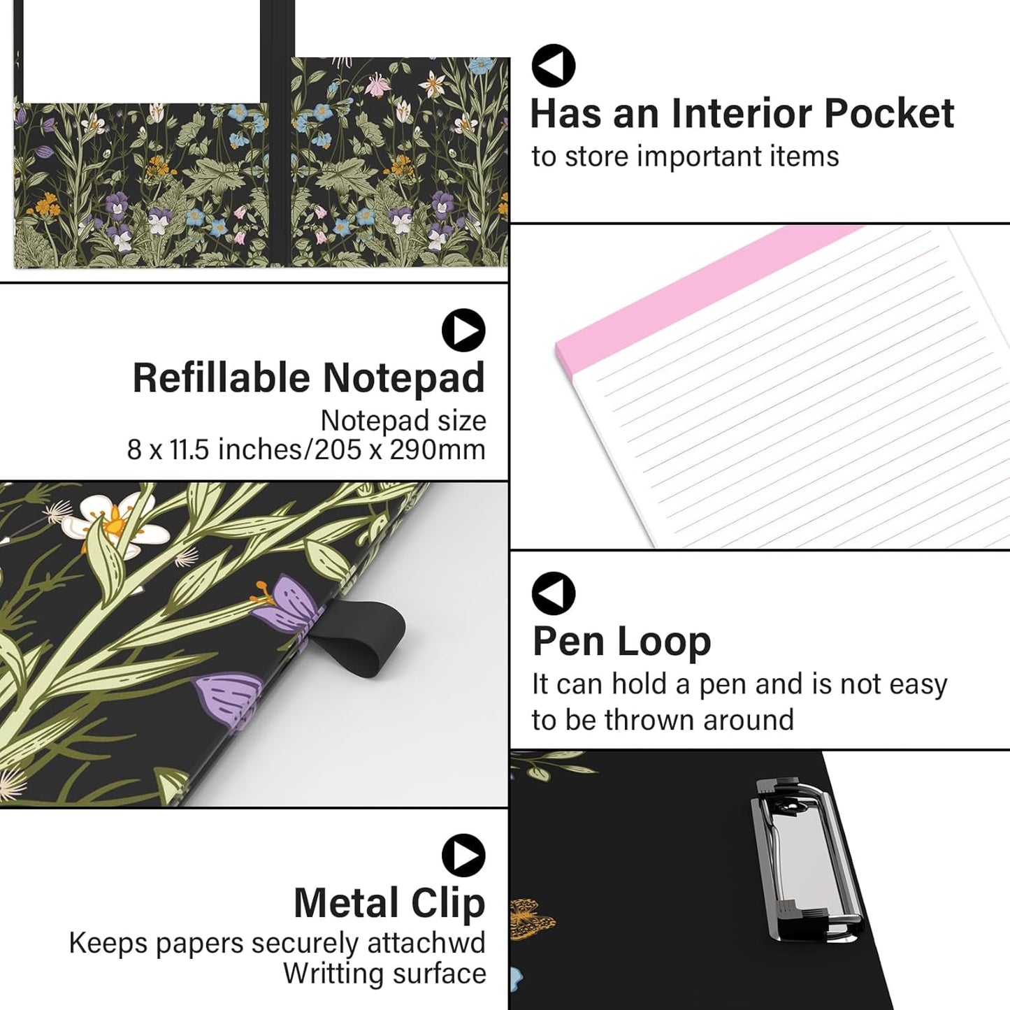 A4 Cute Clipboard Folio with Notepad Clipfolio and Interior Storage, Foldable Nursing Legal Size Clipboards for Work/Kids/Teachers - Almond Tree