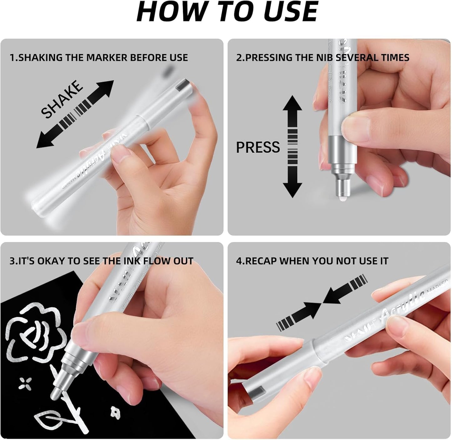 SFAIH White Paint Markers Pens - 4 Pack 2-3MM Medium Tip Acrylic White out Markers for Rock Painting, Wood, Metal, Fabric, Plastic, Canvas, Glass, Ceramic, Diy Crafts, Drawing, Tire, Correction