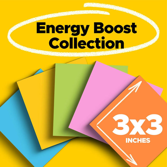Post-it Super Sticky Notes, 5 Sticky Note Pads, 3 x 3 in., School Supplies for Students, Ideal for Textbooks, Notebooks, Walls and Vertical Surfaces, Energy Boost Collection