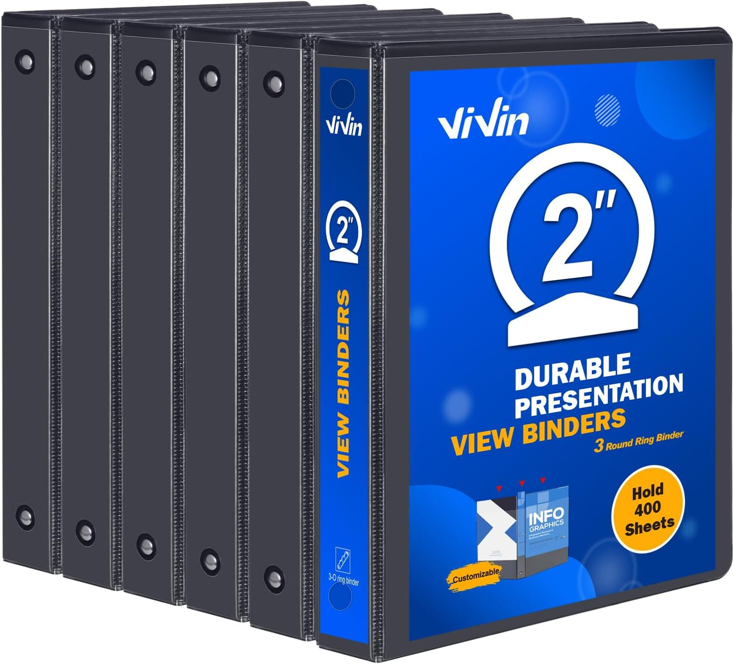 3 Ring Binder 1-1/2 Inch, ViVin Sturdy 1.5"-Round Ring Binder with 2 Interior Pockets, Clear View Cover, PVC-Free, Fits 300 Sheets of 8.5'' x 11'' Paper, Office Home School (6 Pack, White)