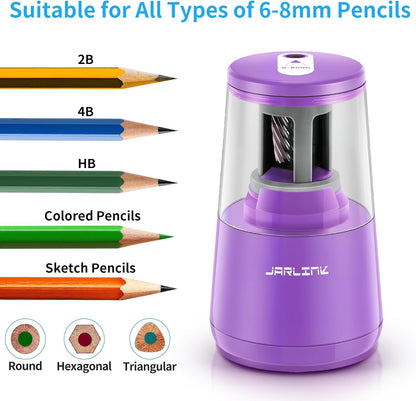 JARLINK Electric Pencil Sharpener, Heavy-Duty Helical Blade to Fast Sharpen, Auto Stop for No.2/Colored Pencils(6-8mm), AC Adapter/Battery Operated in School Classroom/Office/Home (Black)