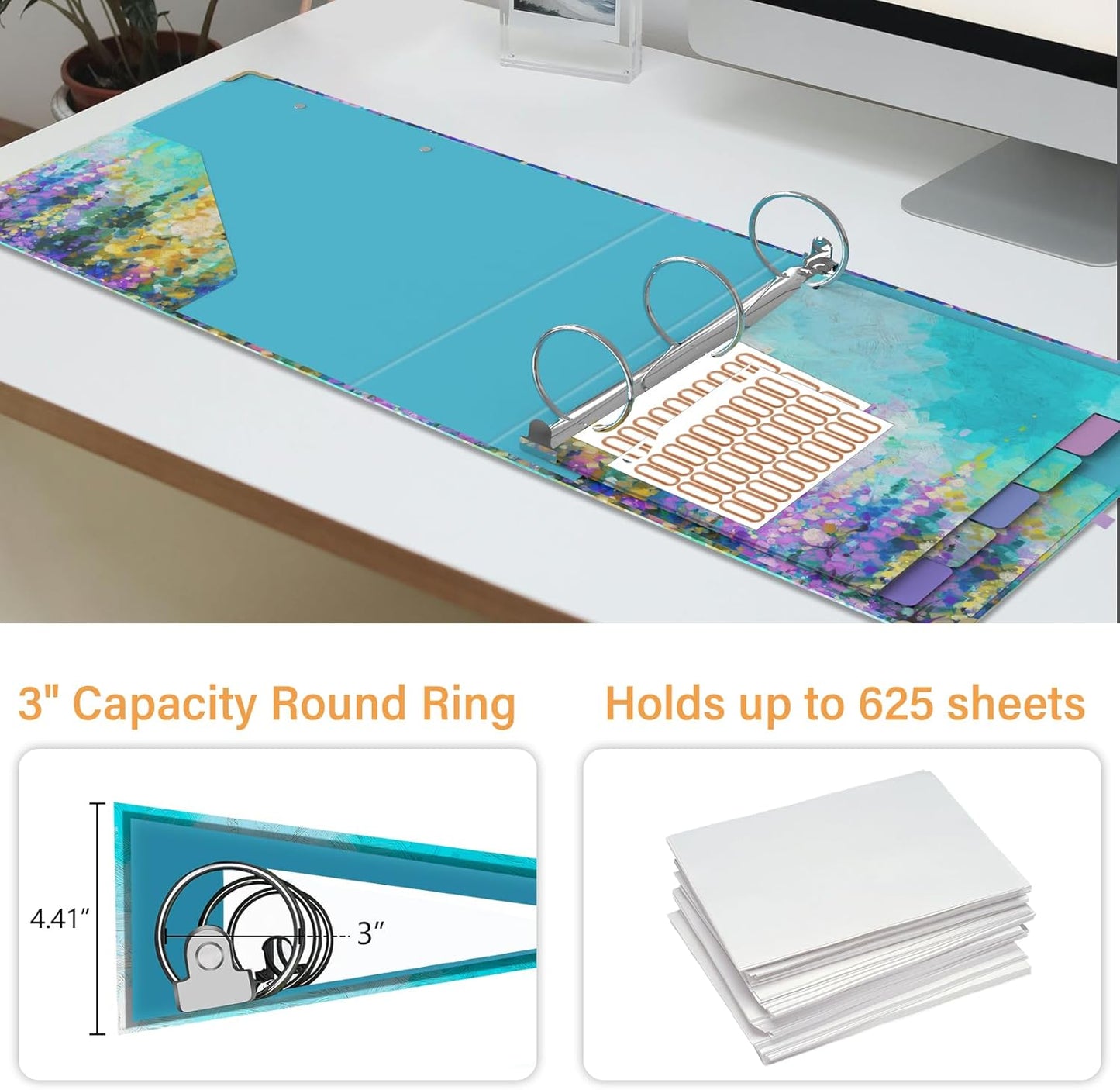 3 Ring Binder 3 Inch Ring, Three Ring Binders for Letter Size 11" x 8.5" with 6-Tab Dividers, 2 Pockets, Binder with Clip for School and Office Supplies-Wild Flowers