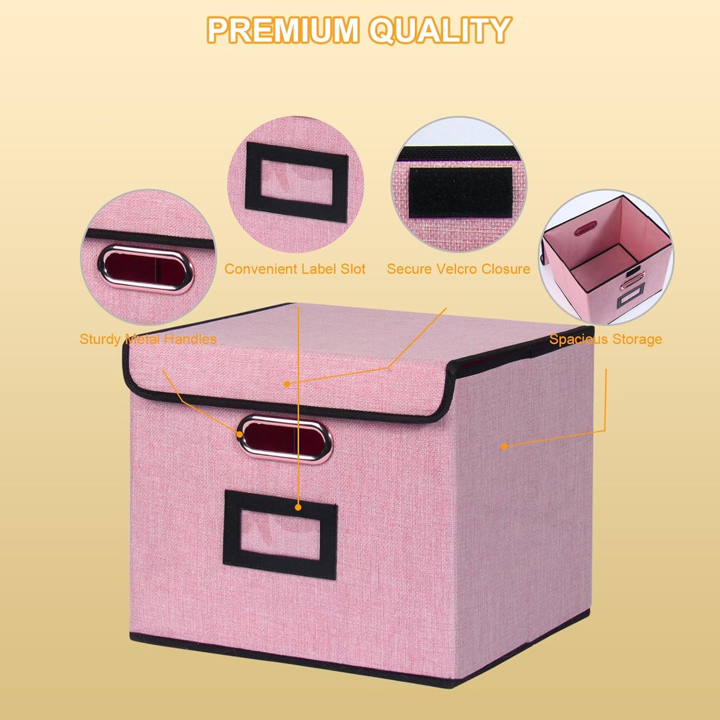 File Storage Box with Lid, 15.55x12.87x10.43 Inches, Foldable Organizer with Handles & Label Slot, for File Storage, Home, Office, and Closet Organization(Pink)