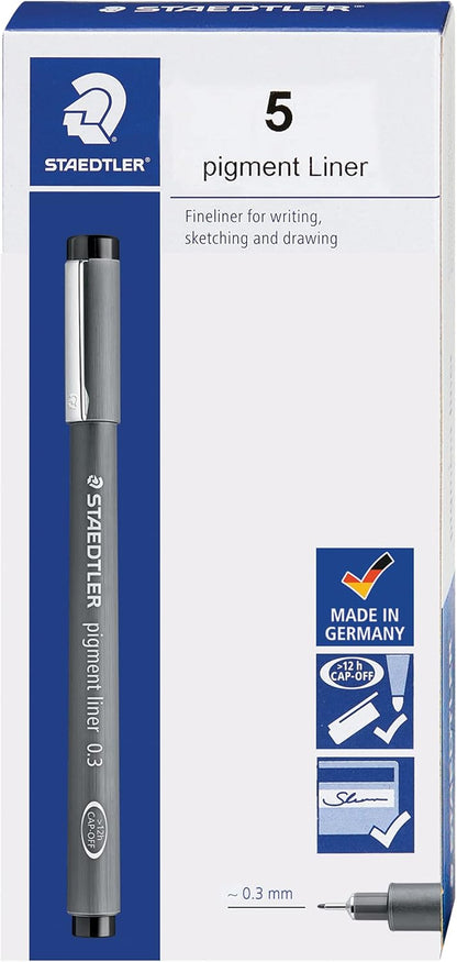 Staedtler Pigment Liner Pack, Black, 8 Pens, Assorted Line Widths, 0.05mm, 0.1mm, 0.2mm, 0.3mm, 0.5mm, 0.8mm, 1.0mm, 1.2mm