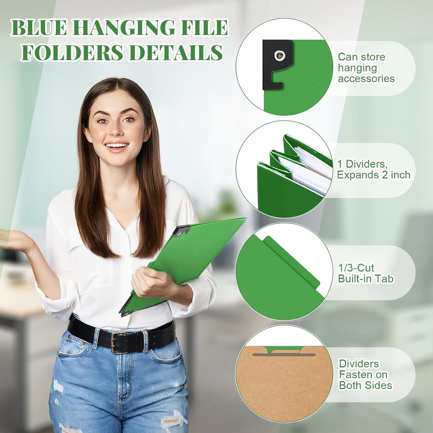 Henoyso 10 Pcs Hanging Classification Folders Bulk with 2 Prongs, 1 Divider Letter Size, 2 Inch Expansions Pressboard File Folder, 1/3-cut Tab File Organizer (1 Divider,Green)