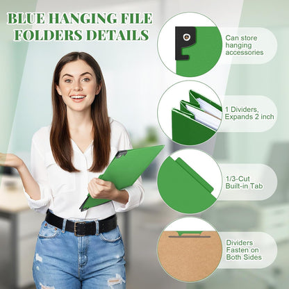 Henoyso 10 Pcs Hanging Classification Folders Bulk with 2 Prongs, 1 Divider Letter Size, 2 Inch Expansions Pressboard File Folder, 1/3-cut Tab File Organizer (1 Divider,Green)