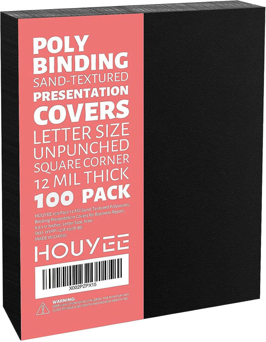 HOUYEE 100 Pack 16 Mil Poly Binding Covers,Sand Texture Binding Presentation Covers,8.5x11 Inches,Letter Size,Black,Square Corners,Un-Punched