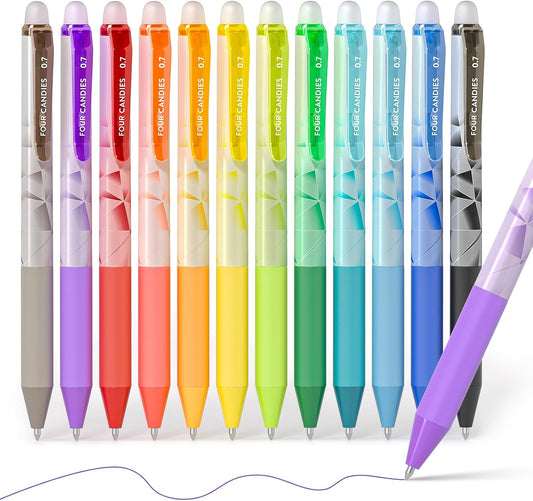 Four Candies 0.7mm Erasable Gel Pens, Make Mistakes Disappear Colored Pens, 18 Colors Retractable Fine Point Erasable Pens for Writing, Drawing, Planner & School Supplies