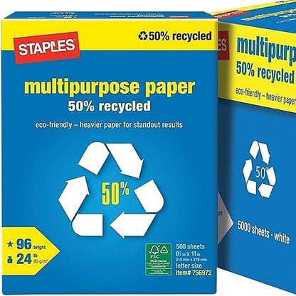 Staples 100% Recycled 8.5-Inch x 11-Inch Copy Paper 20 lbs 92B 500/Ream 10 Ream/Count, For Office, School & Home