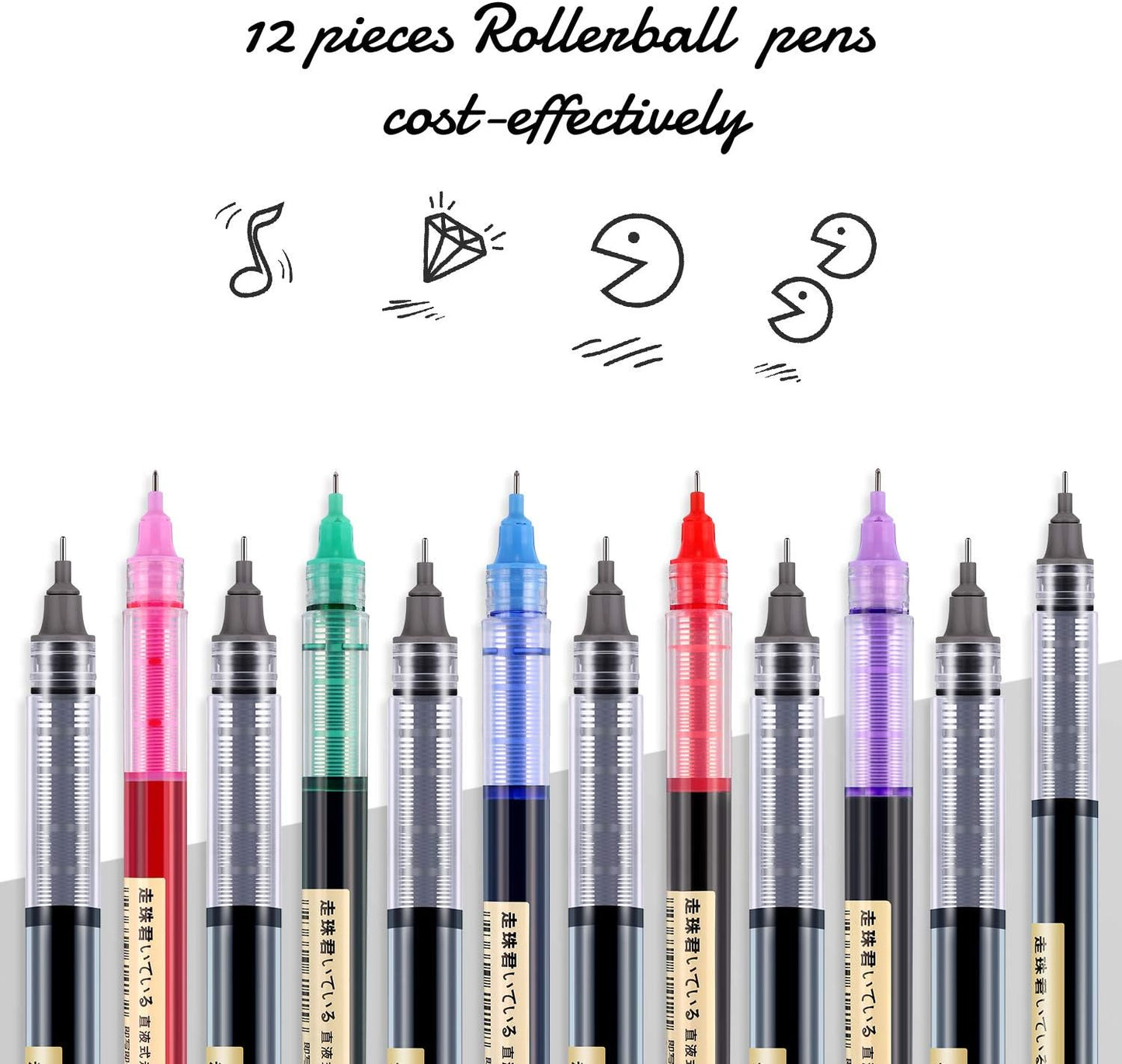 Frienda 12 Pieces Rolling Ball Pens 0.5 mm Japanese Quick Drying Fine Point Pens Liquid Ink Smooth Writing for Office Student Back to School Supplies(Multicolor)