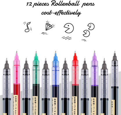 Frienda 12 Pieces Rolling Ball Pens 0.5 mm Japanese Quick Drying Fine Point Pens Liquid Ink Smooth Writing for Office Student Back to School Supplies(Multicolor)