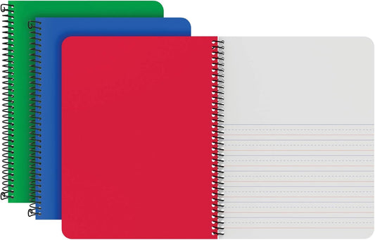 Oxford Primary Spiral Notebooks, Writing/Drawing Practice, Pre-K, K-2, Durable Plastic Covers, Writing Journals for Kids, 80 Sheets, 9-3/4 x 7-1/2 Inch, Blue, Green, Red, 3 Pack (89001)