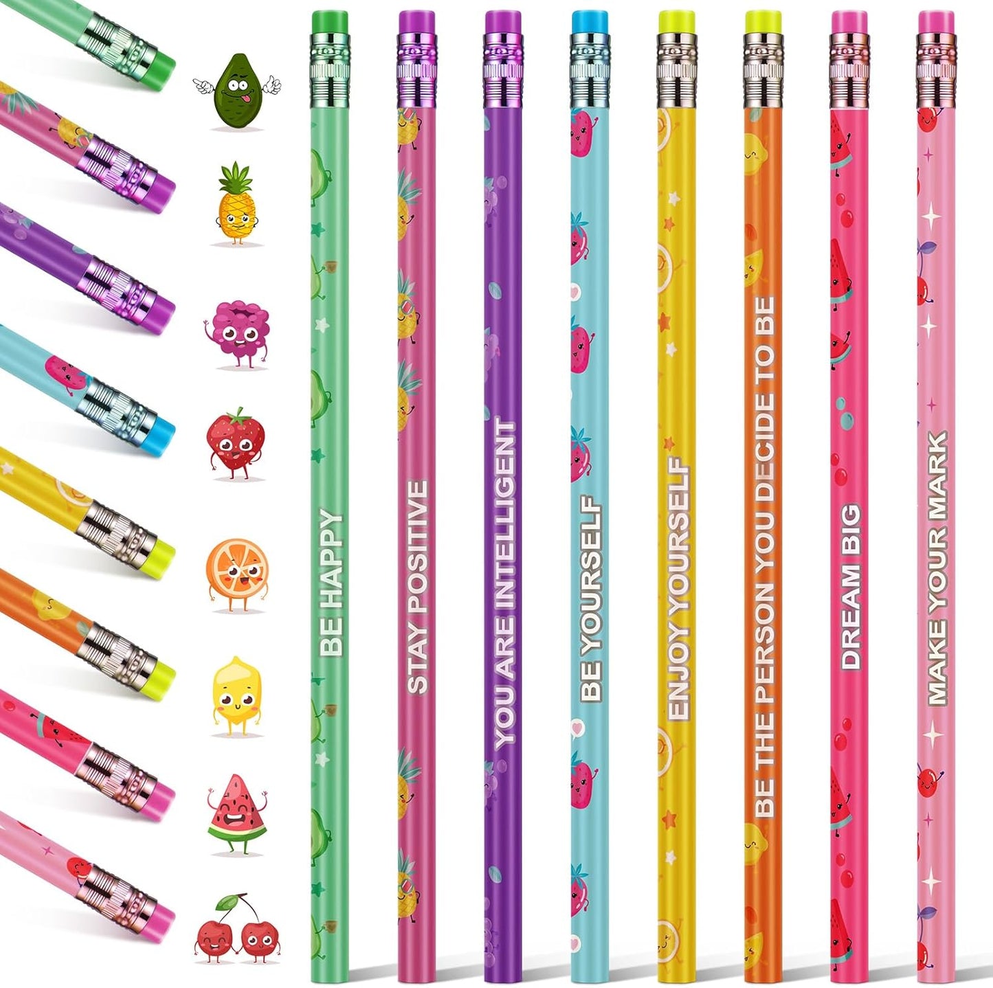 Leinuosen 48 Pcs Scented Pencils for Kids Cute Motivational Colorful Fun Wood HB Pencils Bulk with Erasers Fruit Elements for School Office Classroom Student