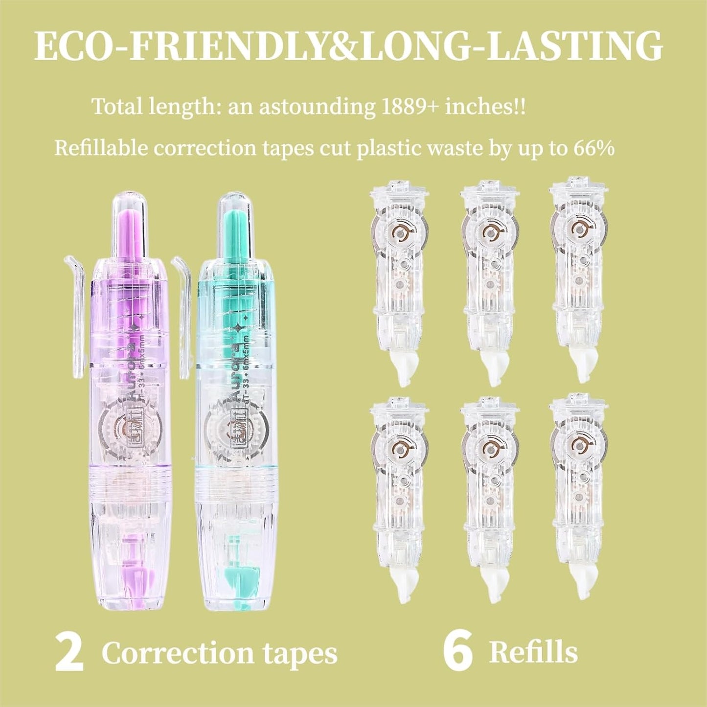 Refillable Correction Tape, 157 ft Total – 2 Pre-Filled Dispensers + 6 Snap-In Refills, School & Office Supplies, Pink &Purple